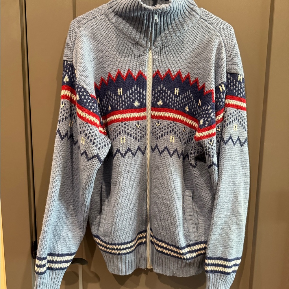 Blair Light Blue Fair Isle Zip-Up Sweater with Navy & Red Accents